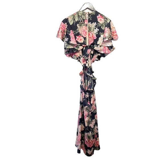 Divine Heritage Floral Cutout V Neck Tie Keyhole Back Flutter Sleeve Midi Dress - Picture 14 of 16